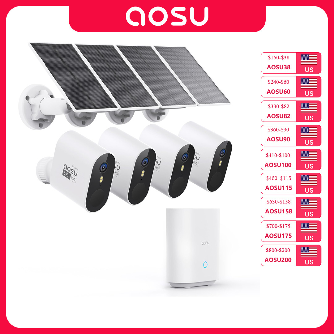 Home Security Wireless Cameras - AOSU 5MP Zewnętrzny System Kamer Solarnych,